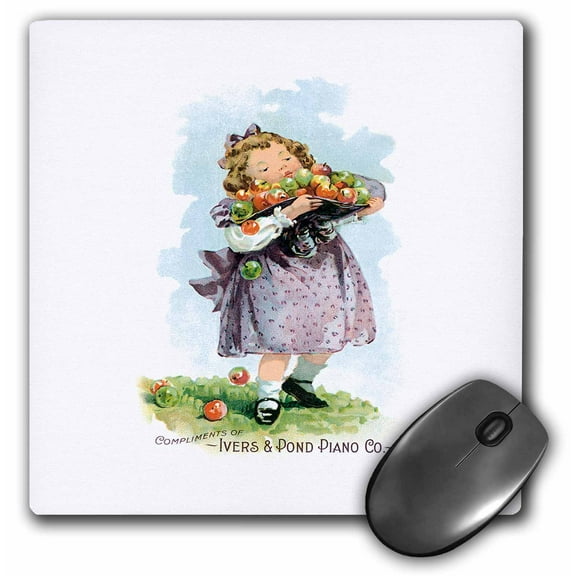 3dRose, Ivers and Pond Piano Company Little Girl in Lavender Dress Carrying a Hat Full of Apples, MousePad