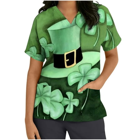 

SOOMLON Printed Scrub Top for Women Floral Nurse Uniform V Neck Working Uniform Medical Funny Shirt Holiday Pocket Workwear Workout Tops for Women Short Sleeve Birthday Gifts For Women Green L