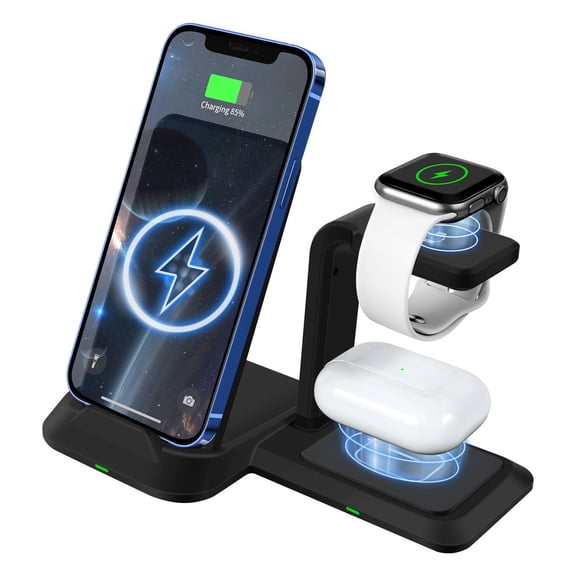 Wireless Charger Stand, 3 in 1 Fast Wireless Charging Station Dock for Apple Watch Series 7/6/SE/5/4/3/2, Airpods Pro 2, iPhone 13/13 Pro/12/12Pro/SE/X/XR/XS/8 Plus QI Phone-Black