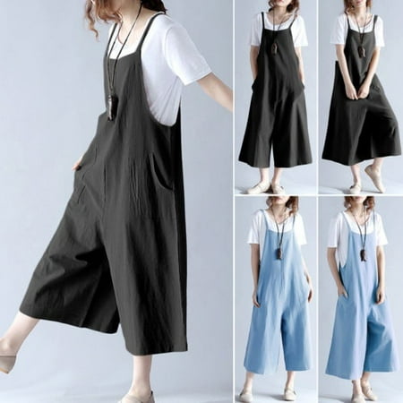 - 2 Colors Cotton Linen Overalls Jumpsuit for Woemn Girls Strap Rompers Dungaree Loose Trousers Pants niceshirt
