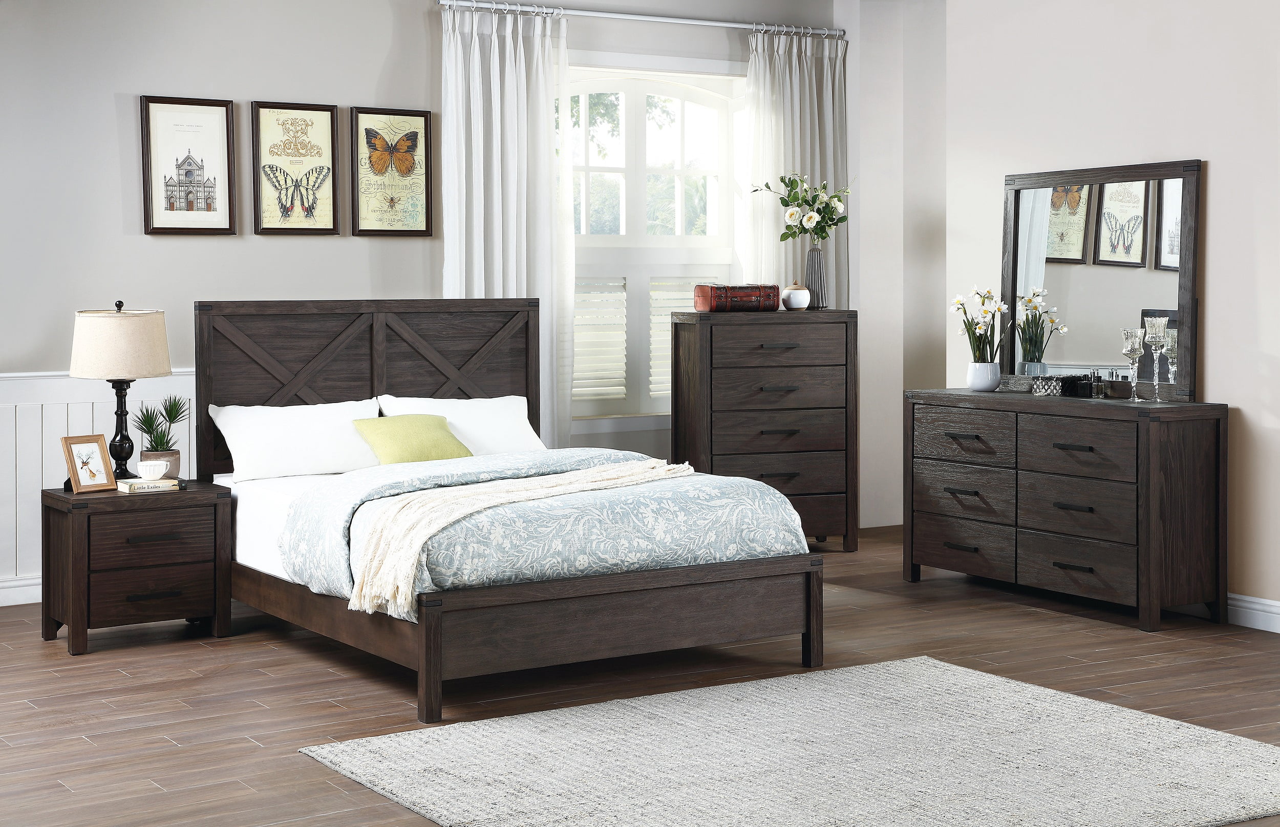 4pc Bedroom Furniture Modern Contemporary Solid wood Eastern king Size Bed Dresser Mirror