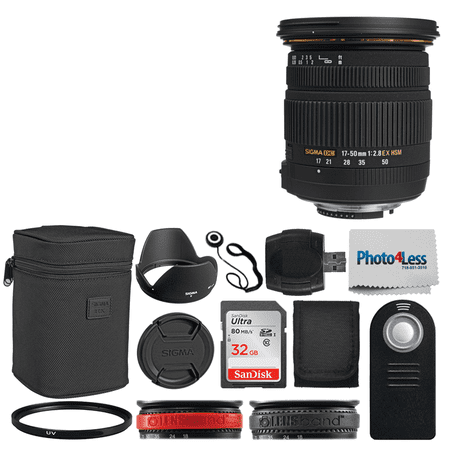 Sigma 17-50mm f/2.8 EX DC OS HSM Zoom Lens for Nikon DSLRs with APS-C Sensors + Wireless Remote + 32GB Memory Card + Memory Card Wallet + Card Reader + 77mm UV Filter + 2x Lens Band + Cleaning Cloth