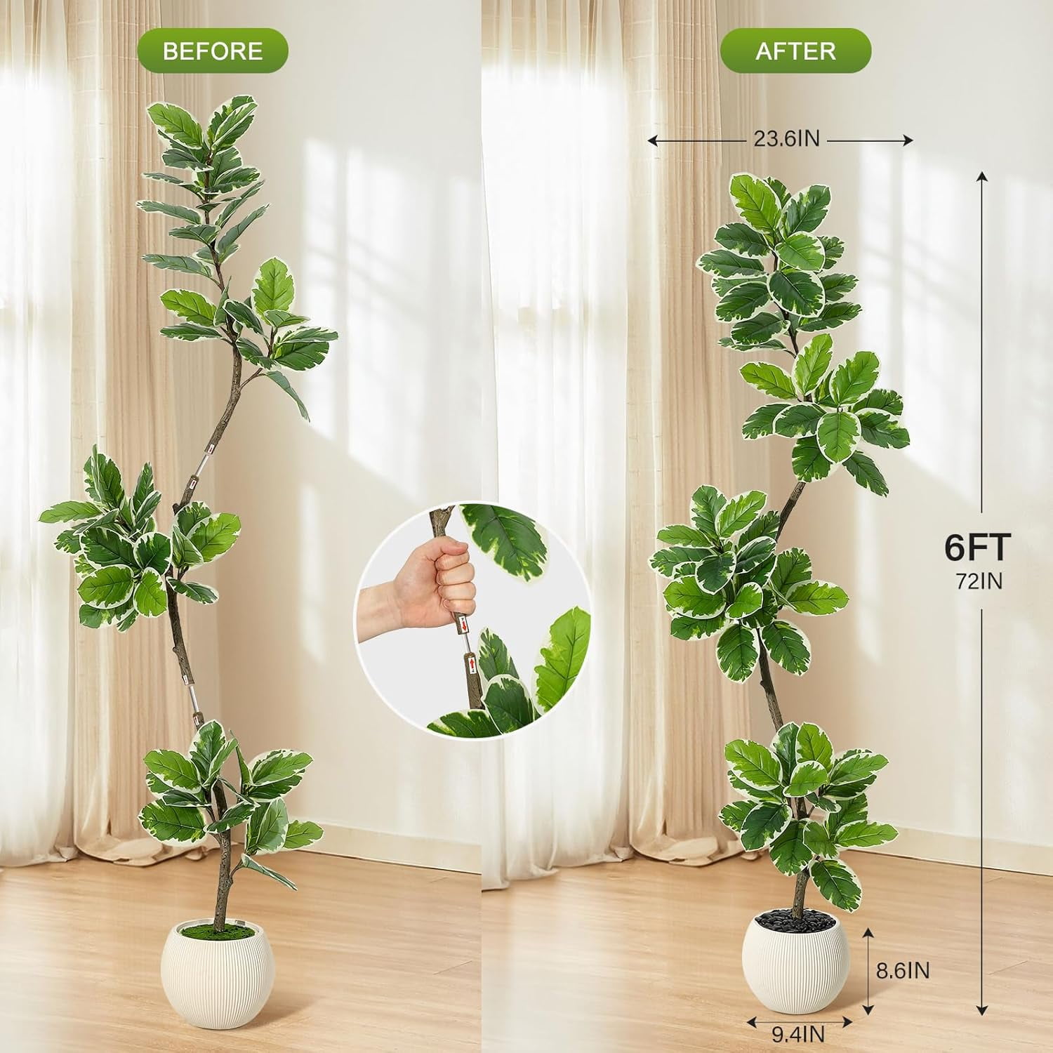 Fiddle Leaf Fig Tree Artificial Indoor, 6 ft Tall Faux Rubber Tree with Sphere Planter, Tall Artificial Plants with Moss for Home Decor Office Living Room