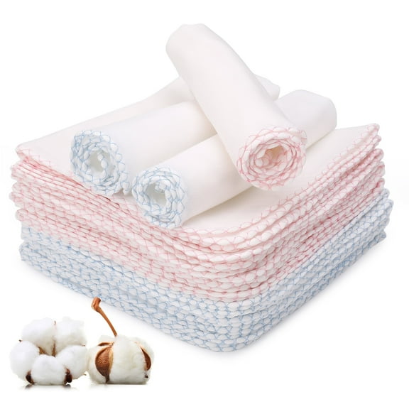 KABOER 20 Pcs Muslin Baby Washcloths, Cotton 6-Layer Wash Cloths for Sensitive Skin, 12"x12" Large, Ultra Soft and Absorbent Infant Essentials for Newborn and Toddlers, White with Pink/Blue Trim