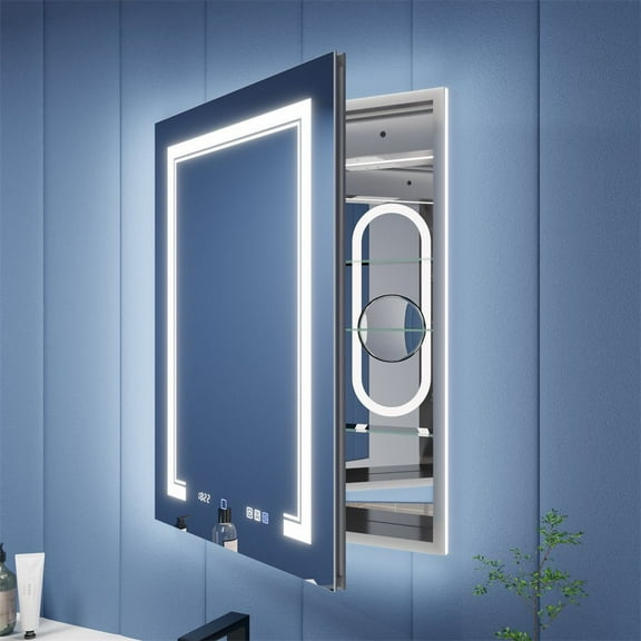 Illusion-B 24" x 32" LED Lighted Inset Mirrored Medicine Cabinet with Magnifiers Front and Back Light,Hinge on Left