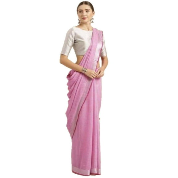 India Meets India Ethnic Indian Women's Bhagalpuri Handloom Cotton Linen Saree with Contrast Blouse (Pink)