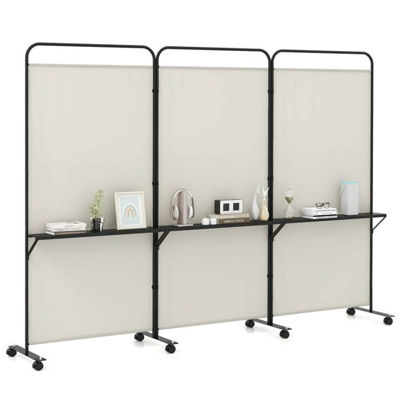Costway 3-Panel Room Divider with Storage Shelves 6FT Tall Folding Privacy Screen on Wheels White