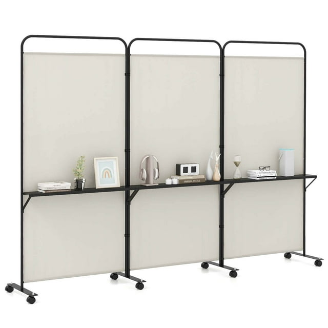 Costway Séparateur de Pièce à 3 Panneaux avec Étagères de Rangement Paravent Pliant de 6 Pi sur Roulettes Blanc