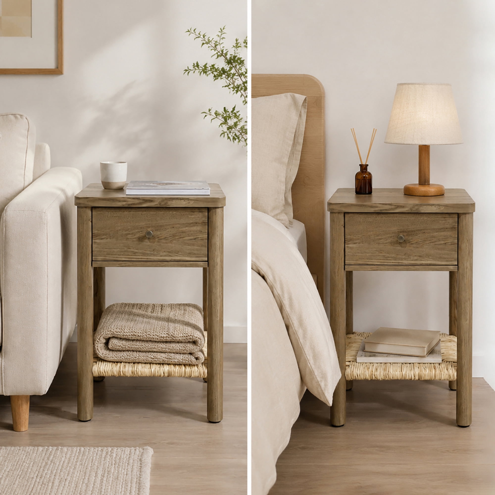 Leumius End Table with Rounded Edge Tabletop, Solid Wood Round Legs, Woven Jute Storage Shelf & Drawer, Nightstand for Bedroom Living Room Grey