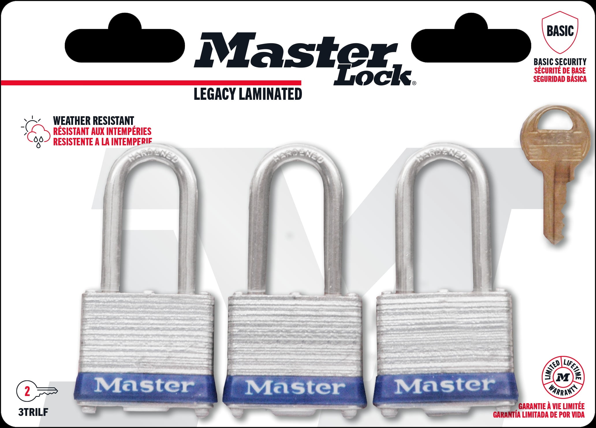 (2 pack) Master Lock 1-9/16in (40mm) Wide Laminated Steel Pin Tumbler Padlock with 1-1/2 (38mm) Shackle; 3-Pack