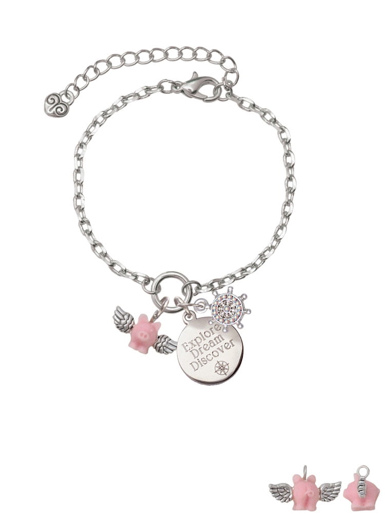 Delight Jewelry Silvertone Mini Pink Flying Pig Silvertone Discover Dream Explore Zoey Charm Bracelet, 6.5+2" Extender