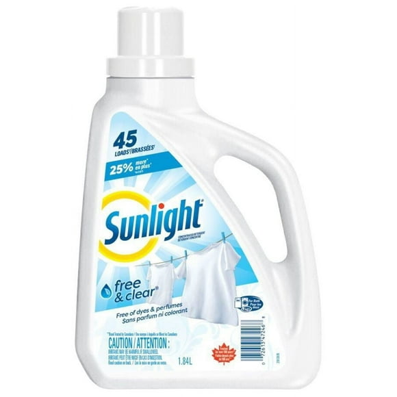 Sunlight Free and Clear Détergent à Lessive Liquide Hypoallergénique, 1.84 Litres, 45 Brassées