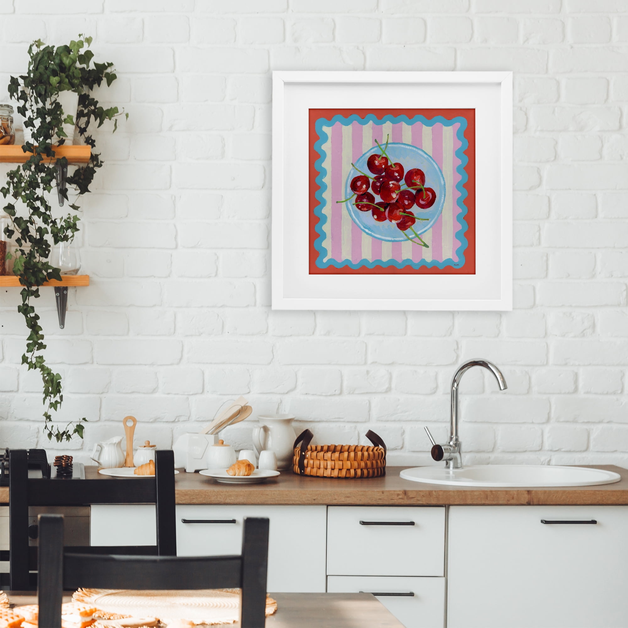 Stupell Industries Red Cherries over Pink Stripes White Framed Print Under Glass, design by Rachael Reese