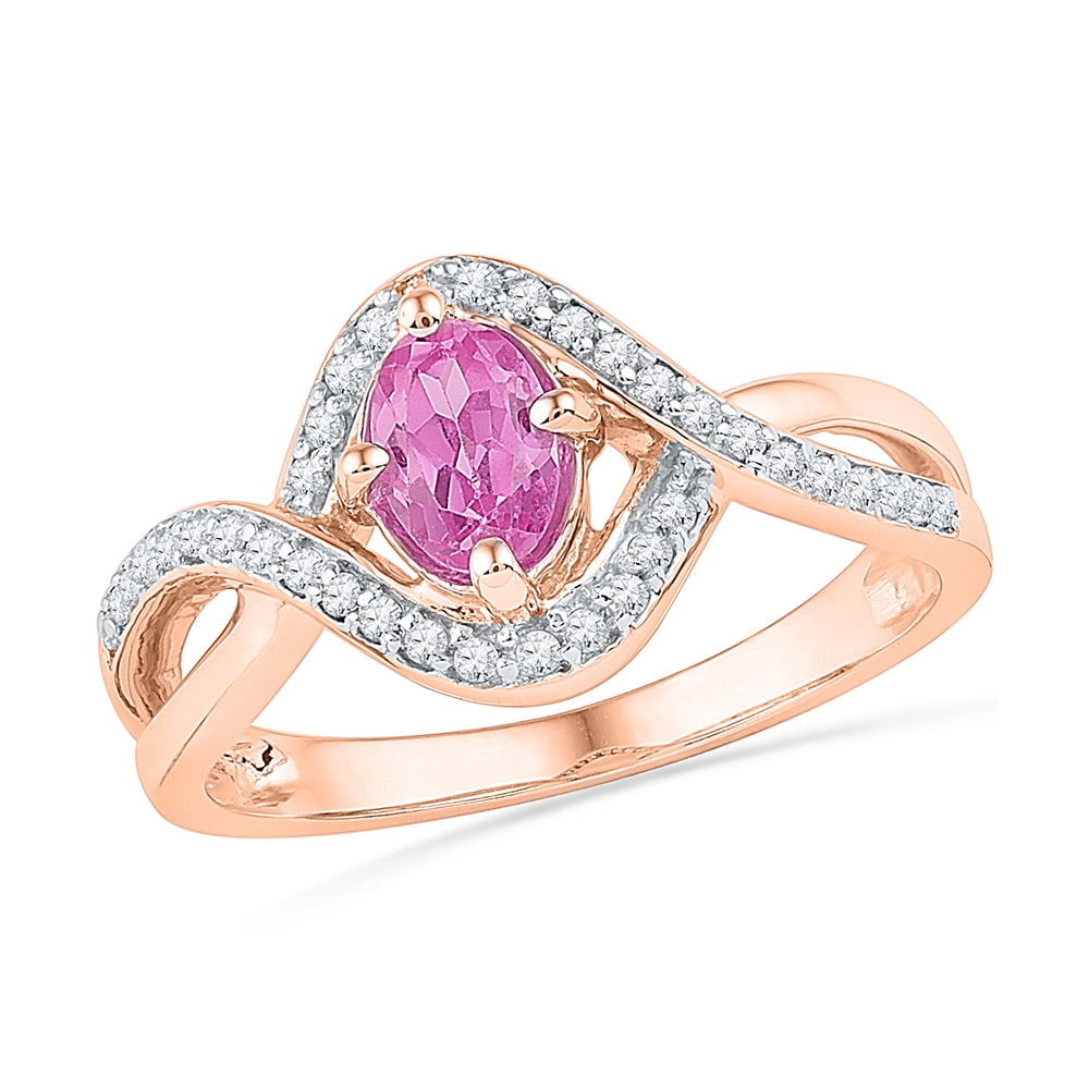 Size 7 Solid 10k Rose Gold Oval Round Pink Simulated Sapphire And White Diamond Engagement Ring OR Fashion Band Prong... by AA Jewels