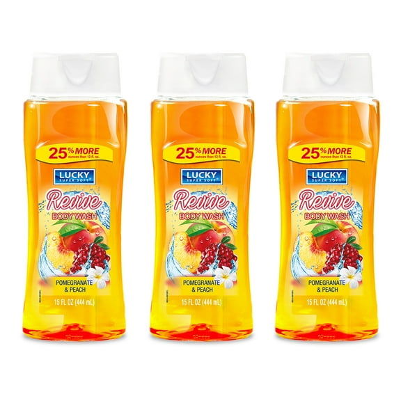 Lucky Super Soft Revive Body Wash. Soothes, Softens and Moisturizes Your Skin. Pomegranate and Peach Fragrance. 15 fl.oz / 444 ml. Pack of 3
