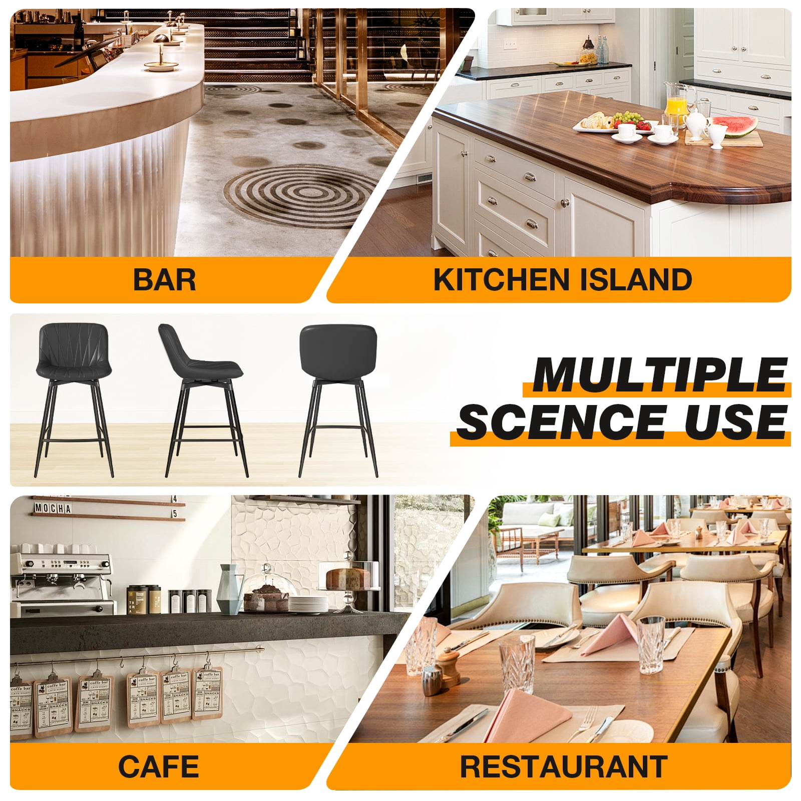 Modern 30" Swivel Bar Stools Set of 2 with Back & Footrest, Upholstered Counter Height Bar Chairs for Kitchen Island, PU Leather in Black