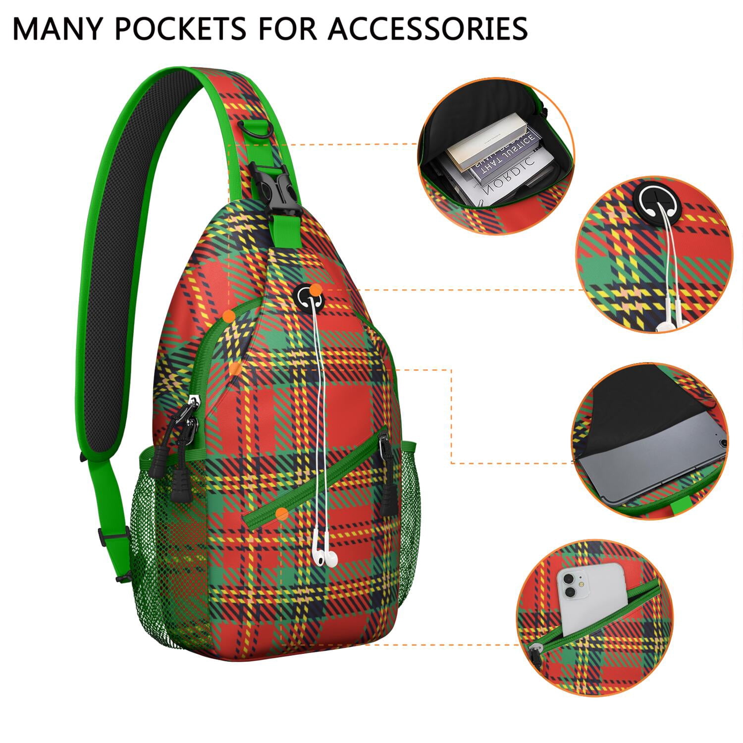 Farmhouse Plaid Print Shoulder Backpack - Buffalo Checkered Sling Bag with Mesh Sides & Organized Pockets - Versatile Wear for Men & Women on Outdoor Adventures