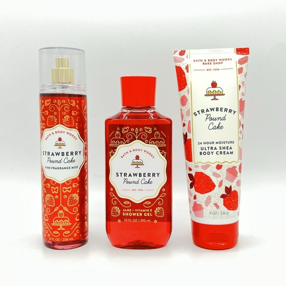 Bath & Body Works Strawberry Pound Cake 8oz Fine Fragrance Mist, 10oz Shower Gel and 8oz Body Cream 3-Piece Bundle