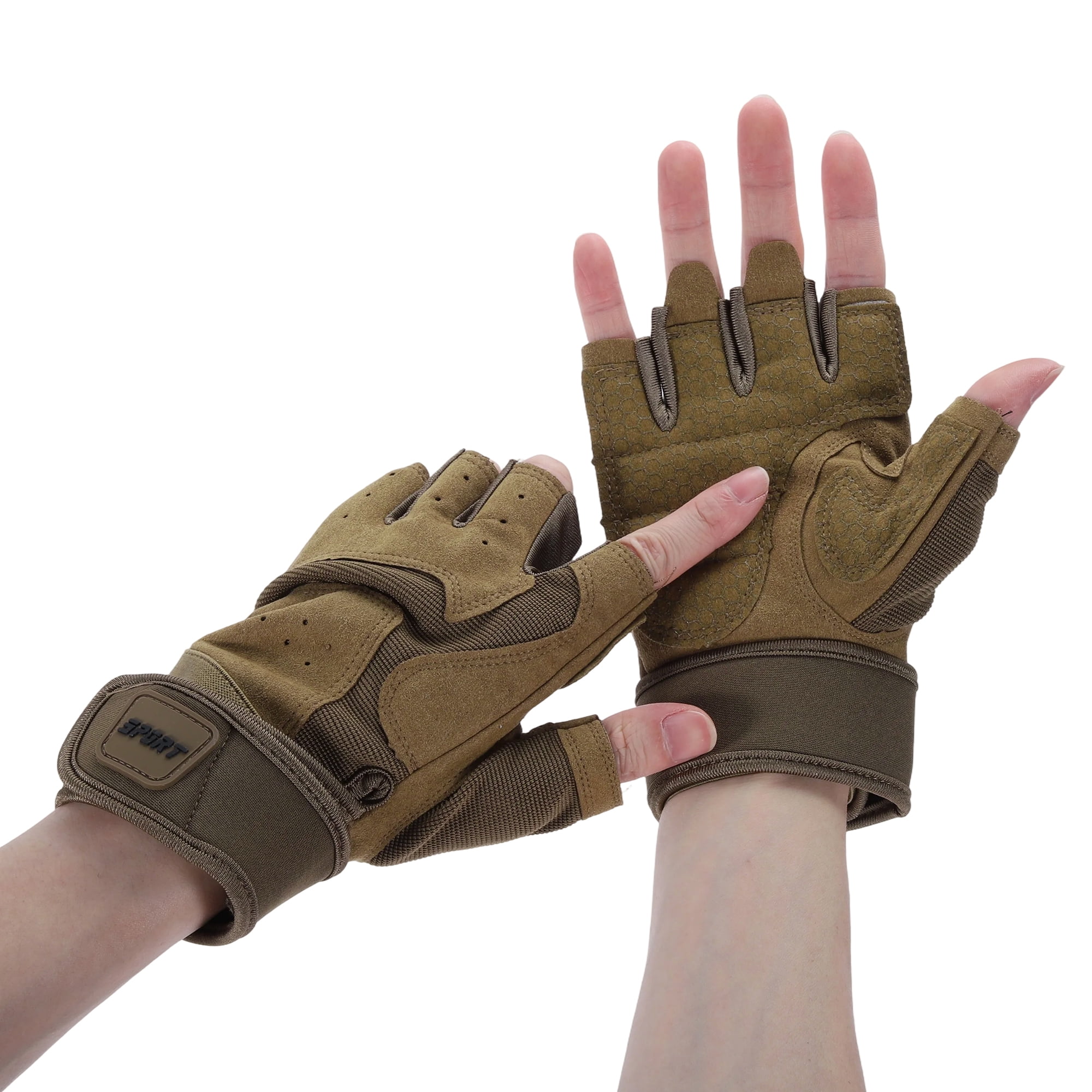 Unique Bargains Extended Wristband Half-finger Training Sport Gloves Large Light Brown