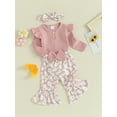 thumbnail image 3 of Infant Baby Girls Sping Fall Outfits Long Sleeve Ribbed Romper Daisy Elastic Flared Pants Headband 3Pcs Clothes Set, 3 of 8