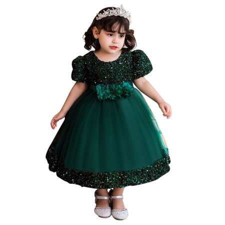 

KAWELL Elegant Flower Girl Dress Sequins Baby 1st Birthday Party Wedding Dress