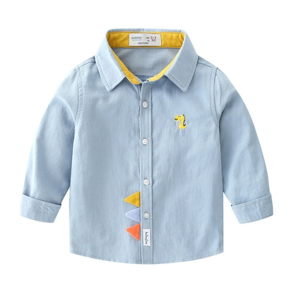 Cethrio Kids Boys Button Down Shirts Size 5 T, Casual Cute Lapel Collar Cotton Long Sleeve Shirts Light Blue