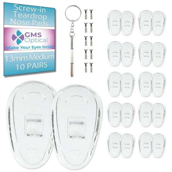 GMS Optical Tear Drop Screw-In Silicone Nose Pads for Glasses – 13mm Length, 5mm Width, with Screws & Screwdriver (10 Pair, Clear)