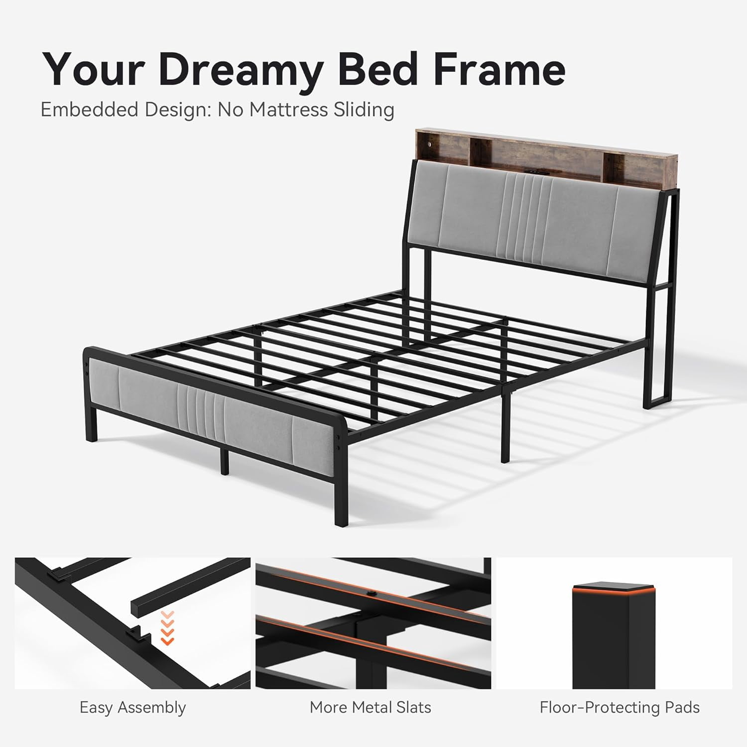 Sailvan Queen Bed Frame with Headboard, Platform Metal Bed Frame Queen Size with Under Storage,  LED Light, Charging Station & Velvet Upholstered, No Box Spring Needed, Noise-Free