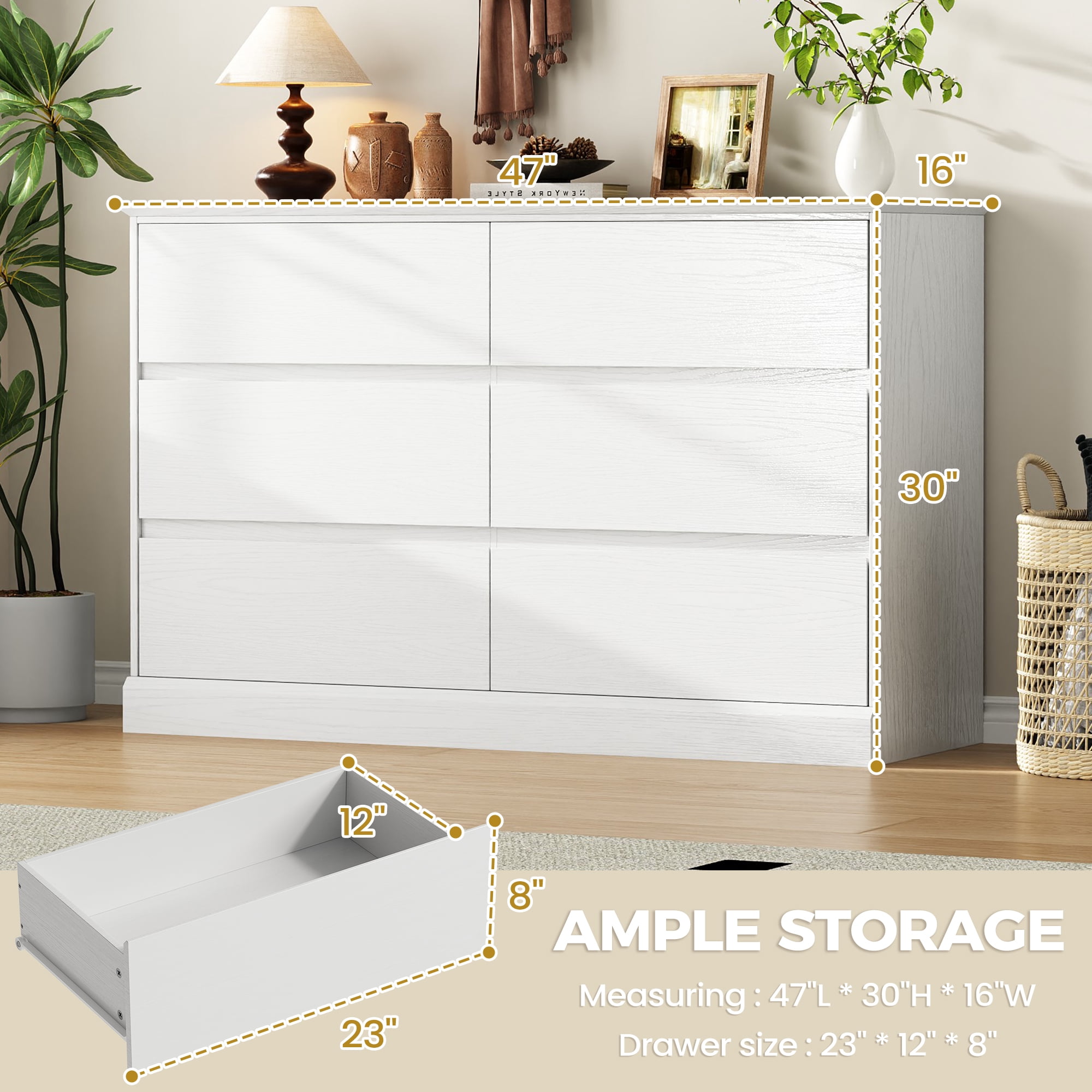 6 Drawer Dresser for Bedroom, White Dresser Double Chest of Drawers, Modern Wood Dressers with Deep Drawers for Living Room,White