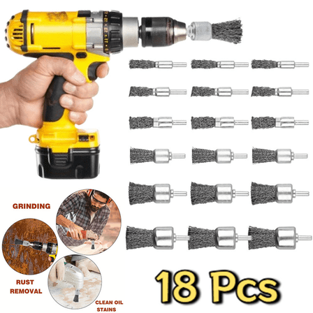 18 Pack Wire End Brush Set, Wire Brush for Drill ,6 Sizes 0.012"Crimped Wire Wheel for Drill 1/4 Inch Shank, for Drill Attachment