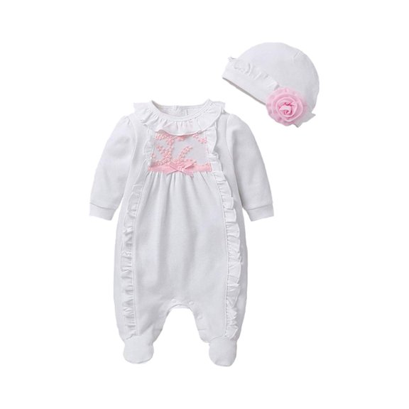 JYYYBF Newborn Baby Girl Romper Long Sleeve Ruffled Bodysuit Playsuit Footwear Flower Hat Cotton Clothes 0-8M