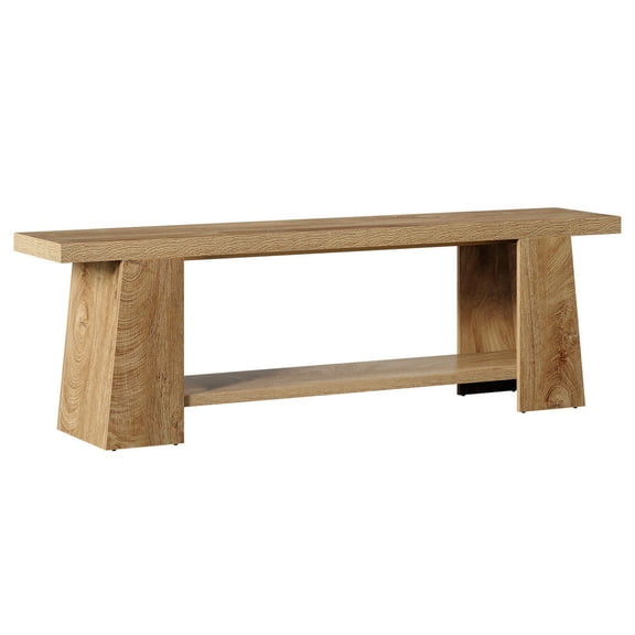GVN 59Inch Extra Long Shoe Bench with Storage Shelves, 2-Tier Wood Farmhouse Entryway Storage Bench with Open Shelves for Entryway, Bedroom, Living Room, Natural