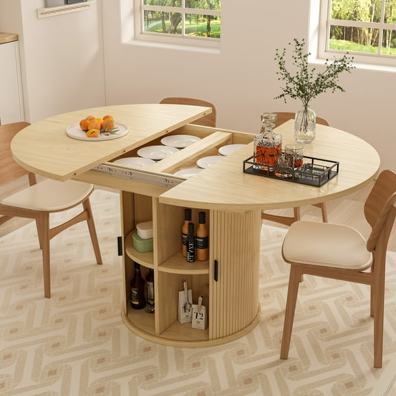 Extendable Dining Table 43-59", Suitable for Family Gatherings, Solid Wood Top with Fluted Sliding Door and 8 Storage Compartments, Space-Saving Dining Furniture