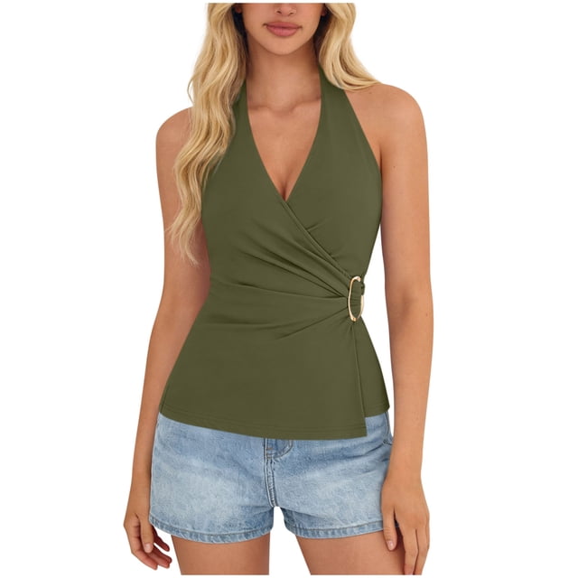 Tops Casuales sin Mangas para las Mujeres V Cuello Blusa Plegado Vendaje Suéter de Verano Damas Camisa Diaria