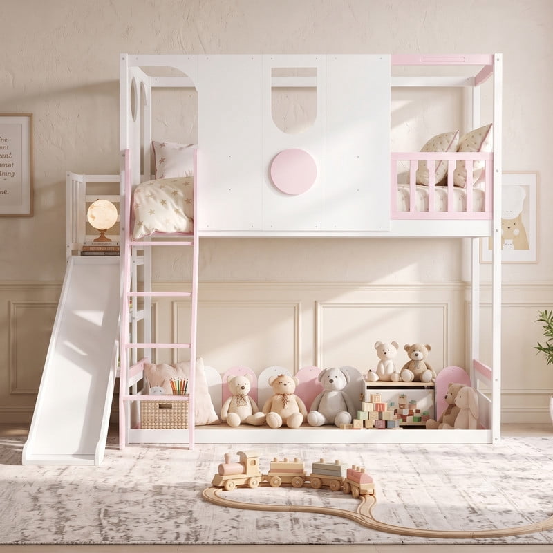 Twin Size Versatile Kids Loft/Bunk Bed with Floor Bed, House Bed Frame with Slide, Storage Shelves and Guardrails
