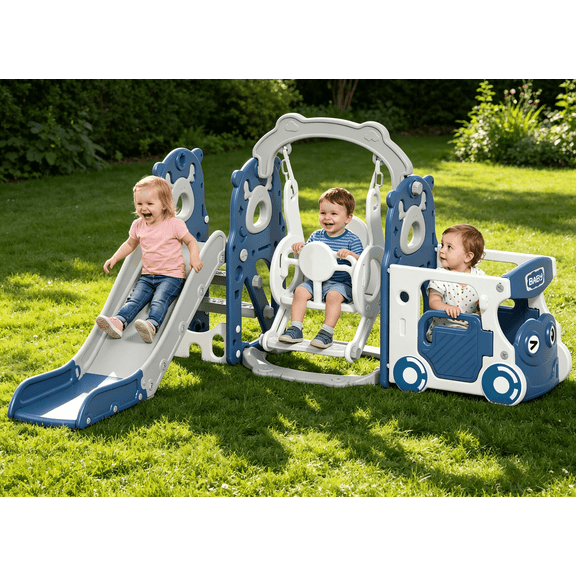 KORIMEFA 8-IN-1 Toddler Slide and Swing Set, Indoor Outdoor Playset for Kids Age 1-5, Bus-Themed Climber Slide, Swing, Wheel