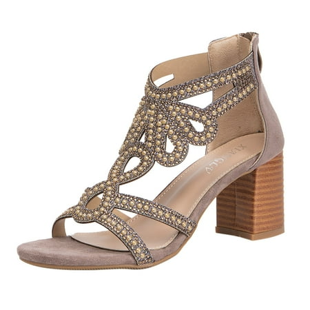 

zuwimk Beach Sandals For Women Women s Two Strap Open Toe Low Block Heels Sandals Dress Pumps Shoes Khaki