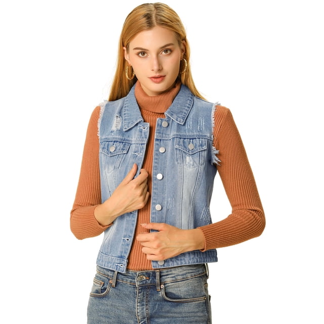 Unique Bargains Women's Turn Down Collar Button Denim Washed Vest