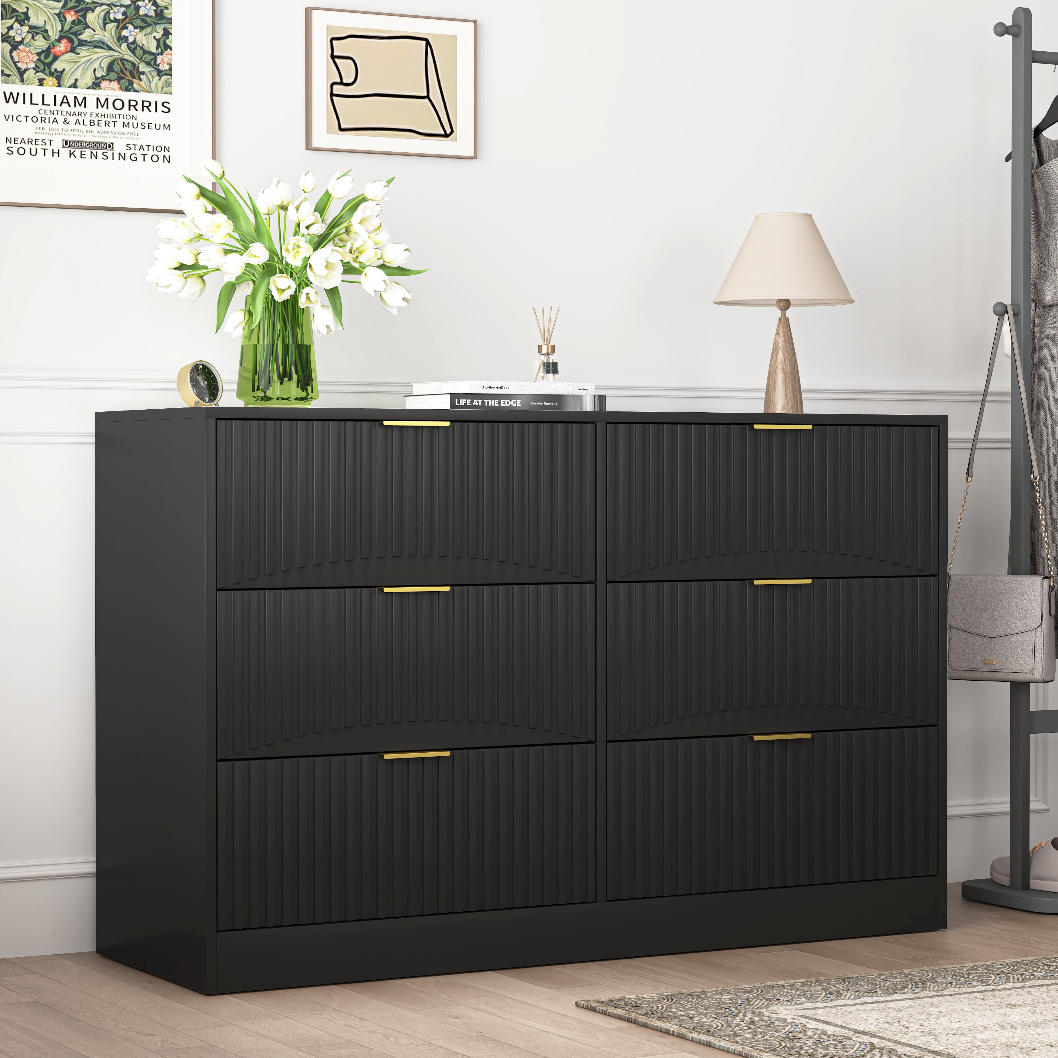 6-Drawer Dresser for Bedroom,Modern Wood Chest of Drawers,Large Storage Cabinet with Wavy Patterns for Living Room,Hallway,Entryway,Black