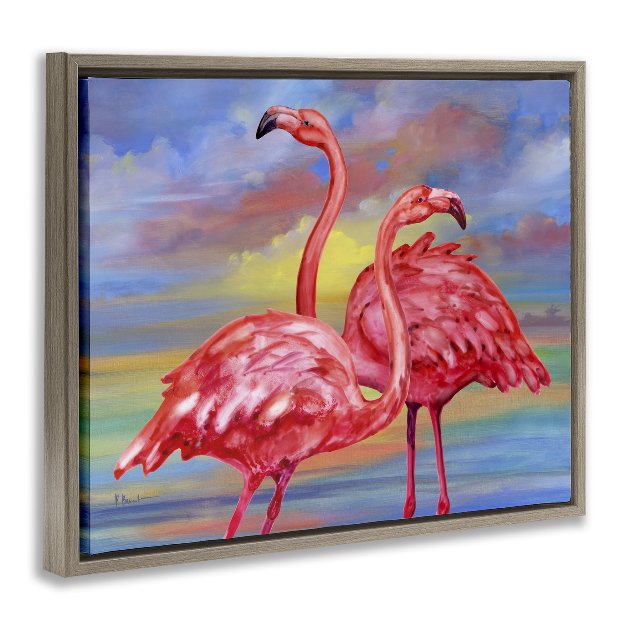 Stupell Industries Rainbow Sunset Flamingos Animals & Insects Painting Brown Floater Framed Canvas Art Print Wall Art, 21 x 17