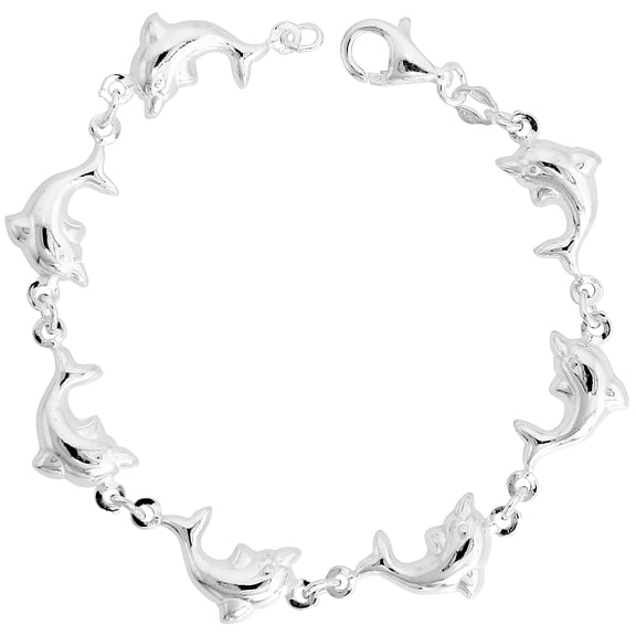 925 Sterling Silver Solid Dangling Puffy Dolphin Charm Bracelet 11mm