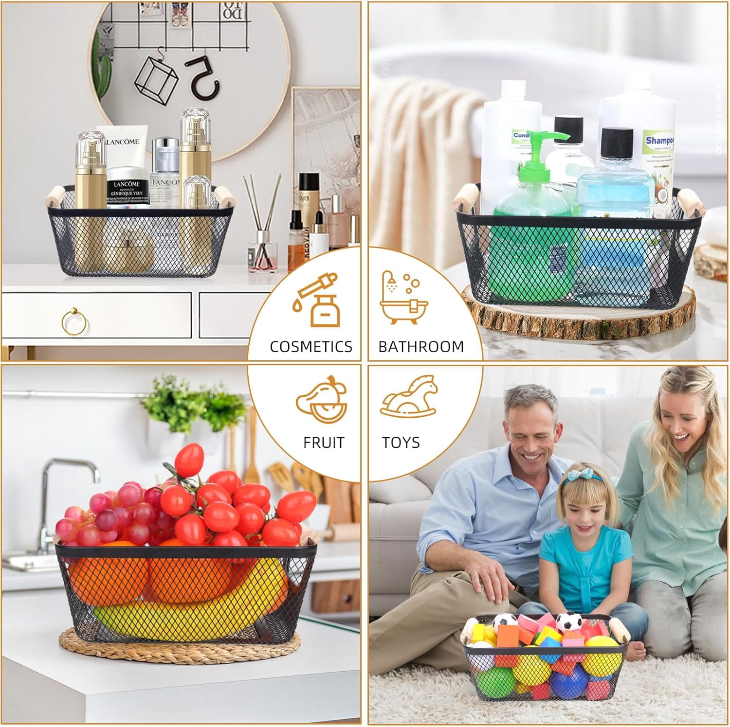 6Pack Black Wire Basket with Wooden Handle, Storage Bins for Pantry, Metal Mesh Basket for Kitchen Organization, Snack Organizer for Home Cabinet Closet Bathroom Fridge Fruit Makeup and Office