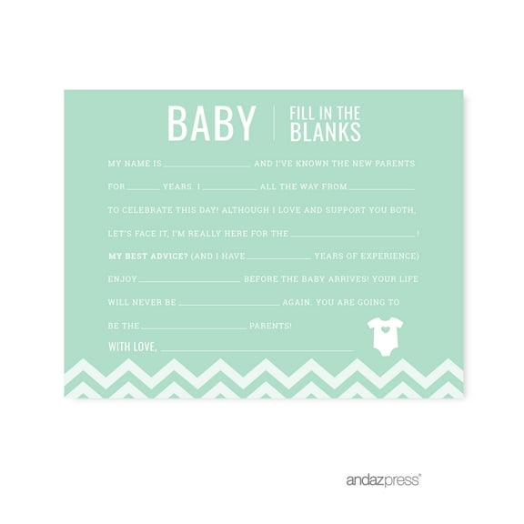Fill-In-The-Blank Mint Green Chevron Baby Shower Games, 20-Pack