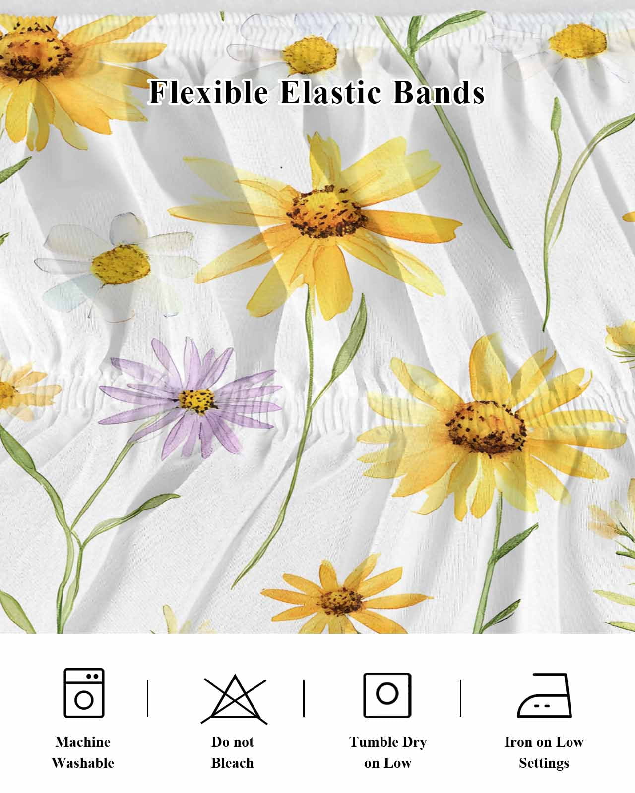 Yellow Daisy Flowers Leaf Bed Skirt King Size 18" Drop Simple Style Watercolor Nature Ruffled Wrap Around Bed Skirts Adjustable Elastic Bedskirt Dust Ruffle for King Size Bed