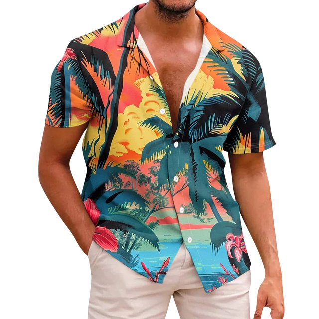 Shirt For Men Casual Fashion Summer Short Sleeve Buttons Printed T Shirt TopS