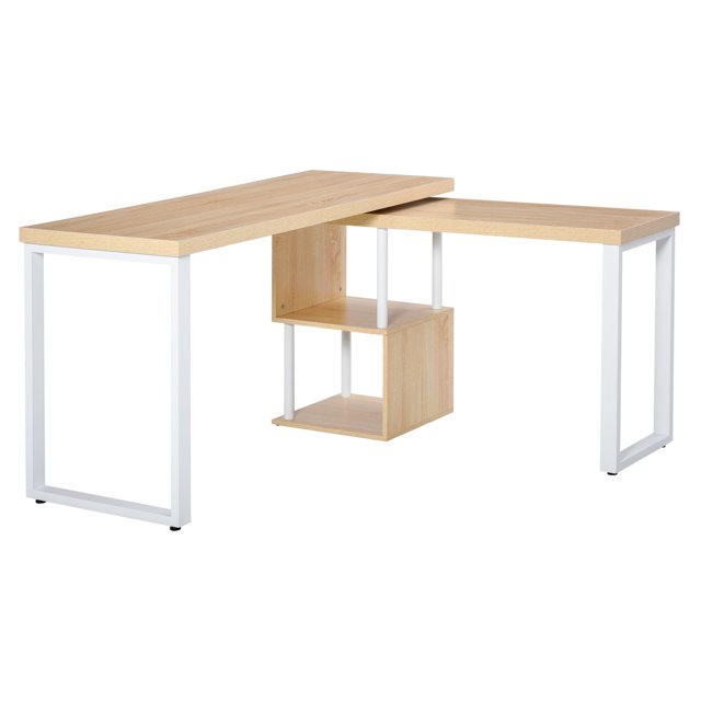 HOMCOM 360° Rotating Corner Desk 55" L-Shaped Computer Desk, Home Office Writing Study Workstation with Storage Shelf Modern Space-Saving Design, Oak Tone
