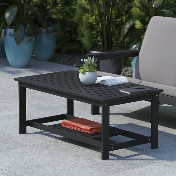 BizChair All-Weather Poly Resin Wood Two Tiered Commercial Grade Adirondack Slatted Coffee Conversation Table in Black