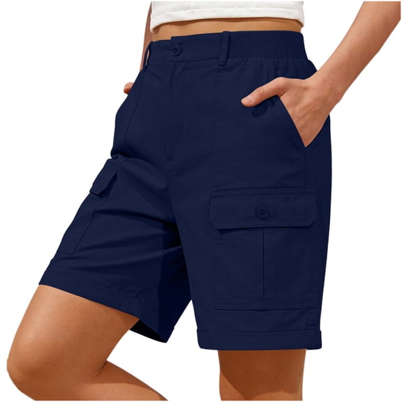 Zynoxe Ladies Cargo Shorts with Pockets Solid Color Knee-Length Hiking Shorts Women Casual Fashion Button and Zipper Shorts S