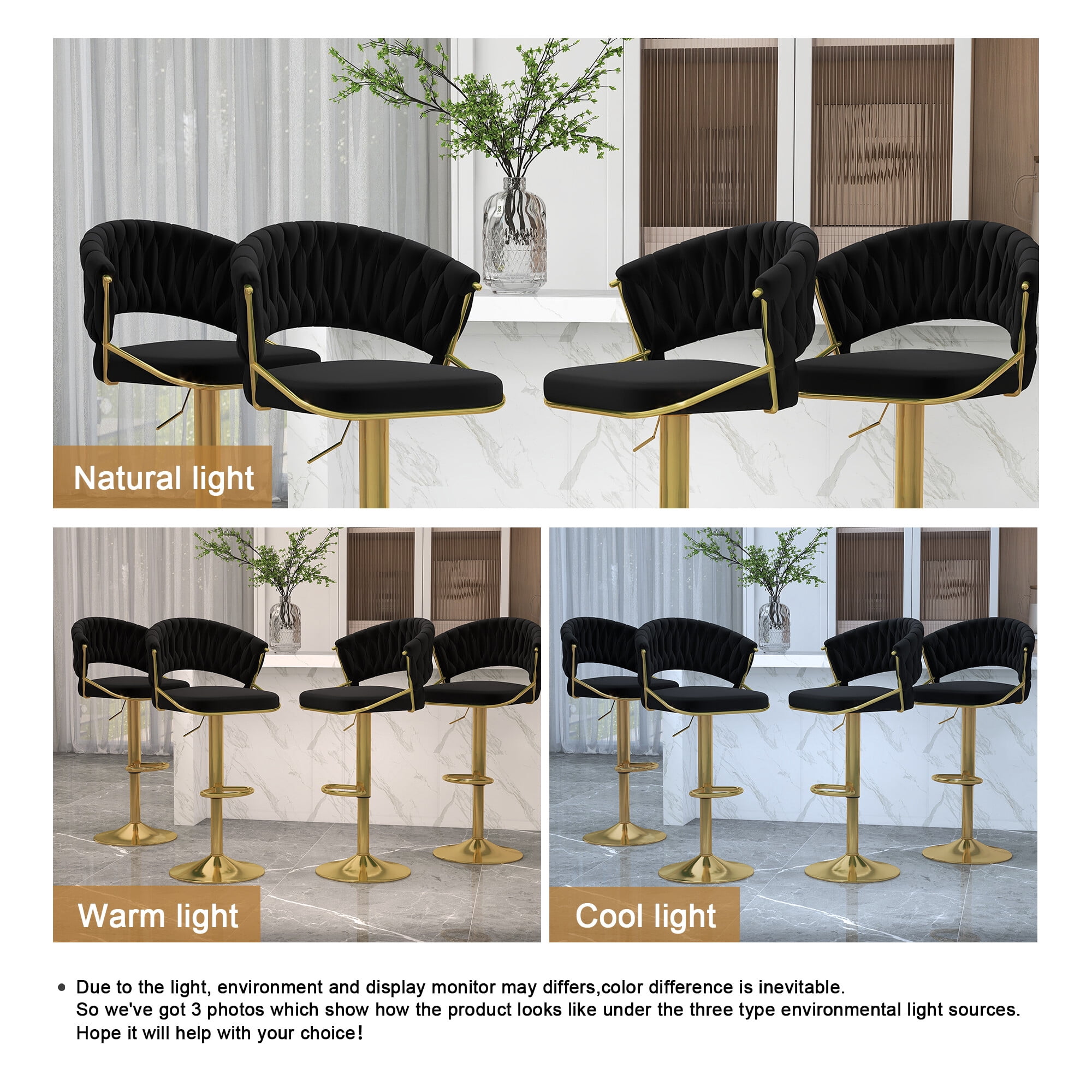 UIXE Adjustable Bar Stools Set of 4 Modern High Back Swivel Barstool for Kitchen Counter Square Island, Velvet Black