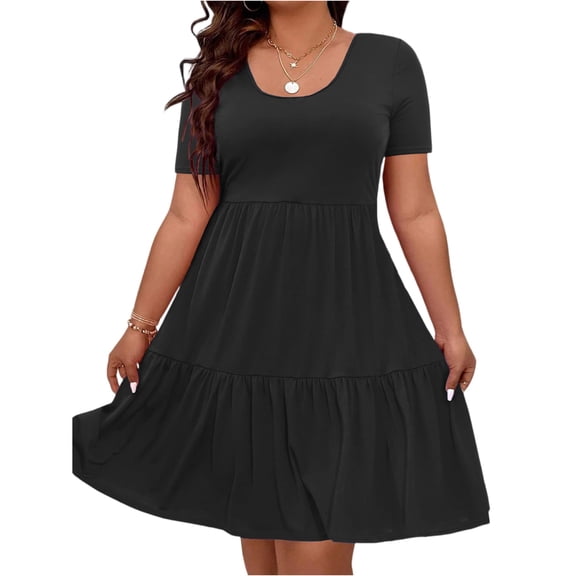 LWavelet Women's Plus Size Tiered Dress Short Sleeve Round Neck Casual Ruffle Hem Mini Dress Black 2XL
